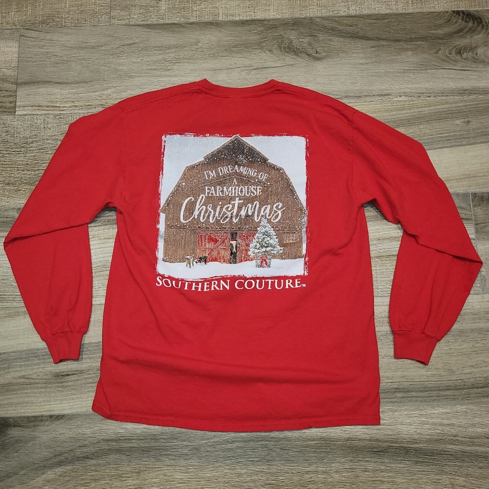 Southern Couture Dreaming Of A Farmhouse Christmas Red Long Sleeve Tee Women's L